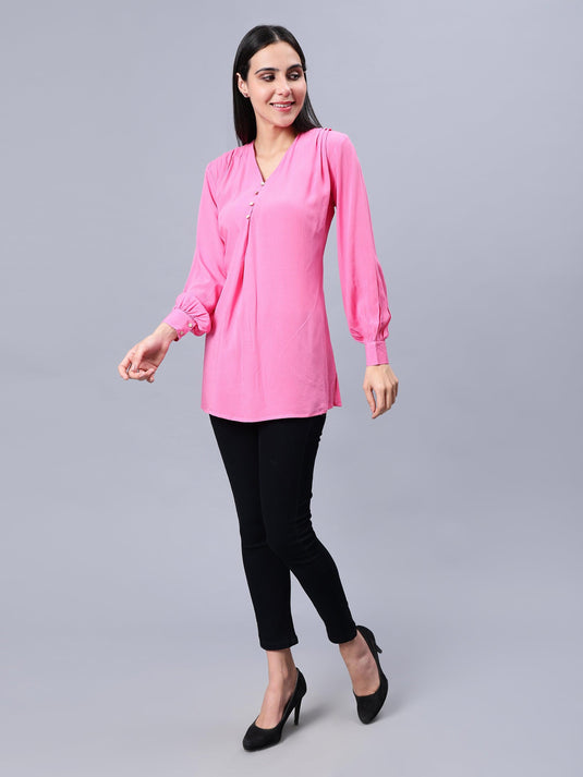 Women's Casual Pink Longline Top - Woven, Comfortable, and Stylish