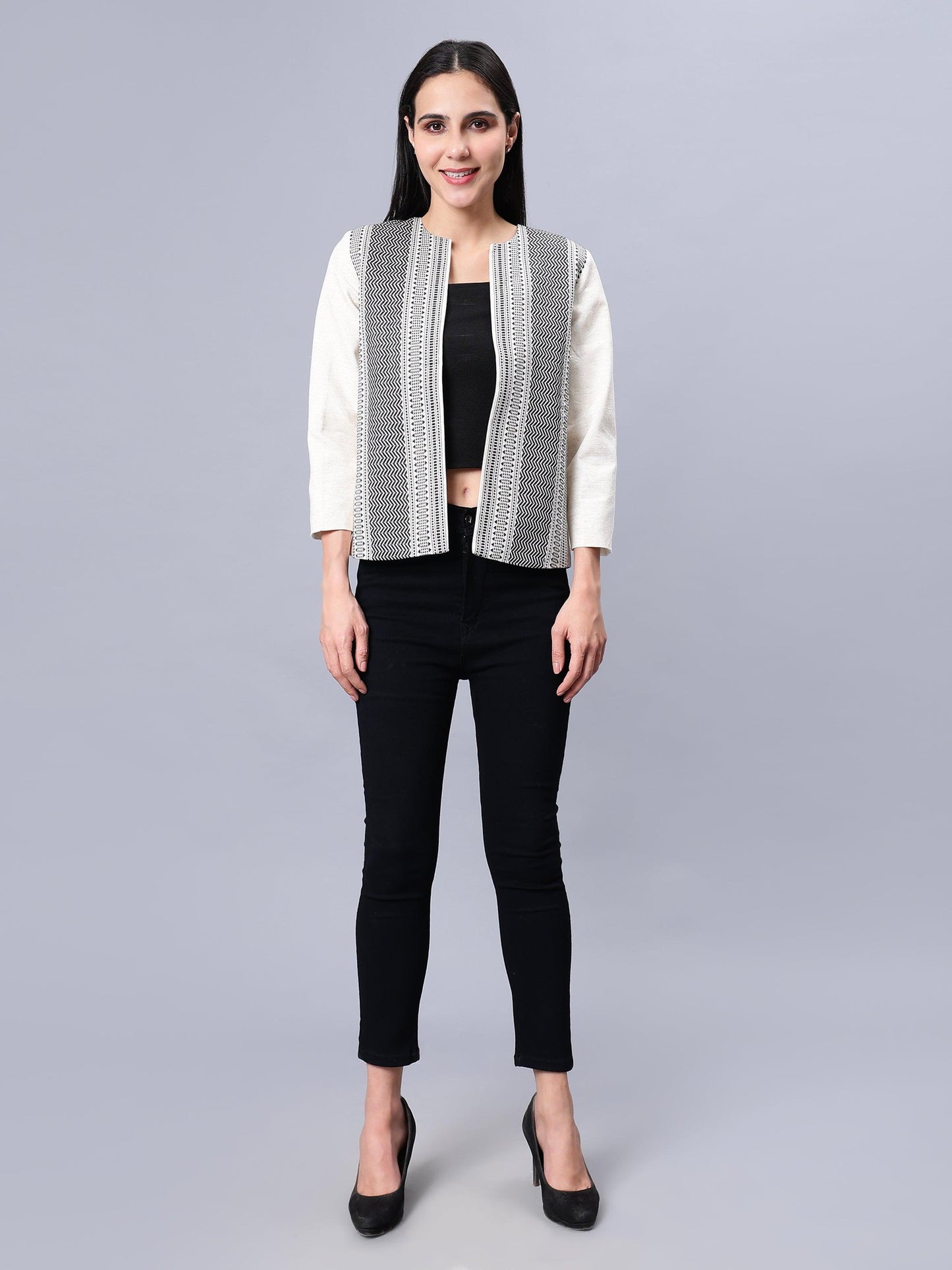 Open Front Blazer-Black & White