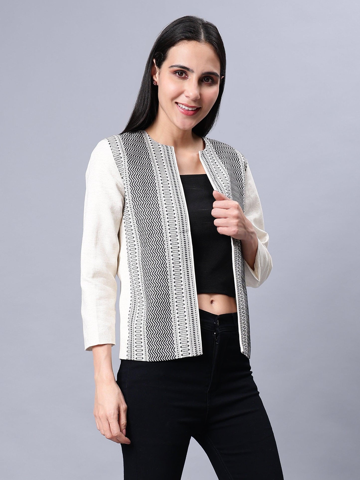 Open Front Blazer-Black & White