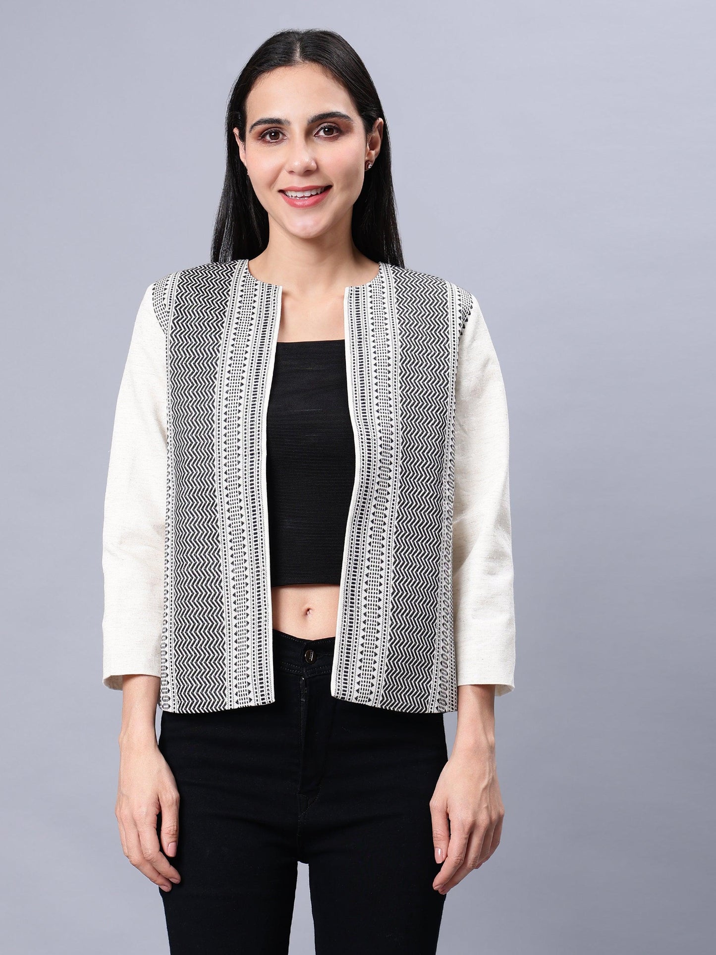Open Front Blazer-Black & White