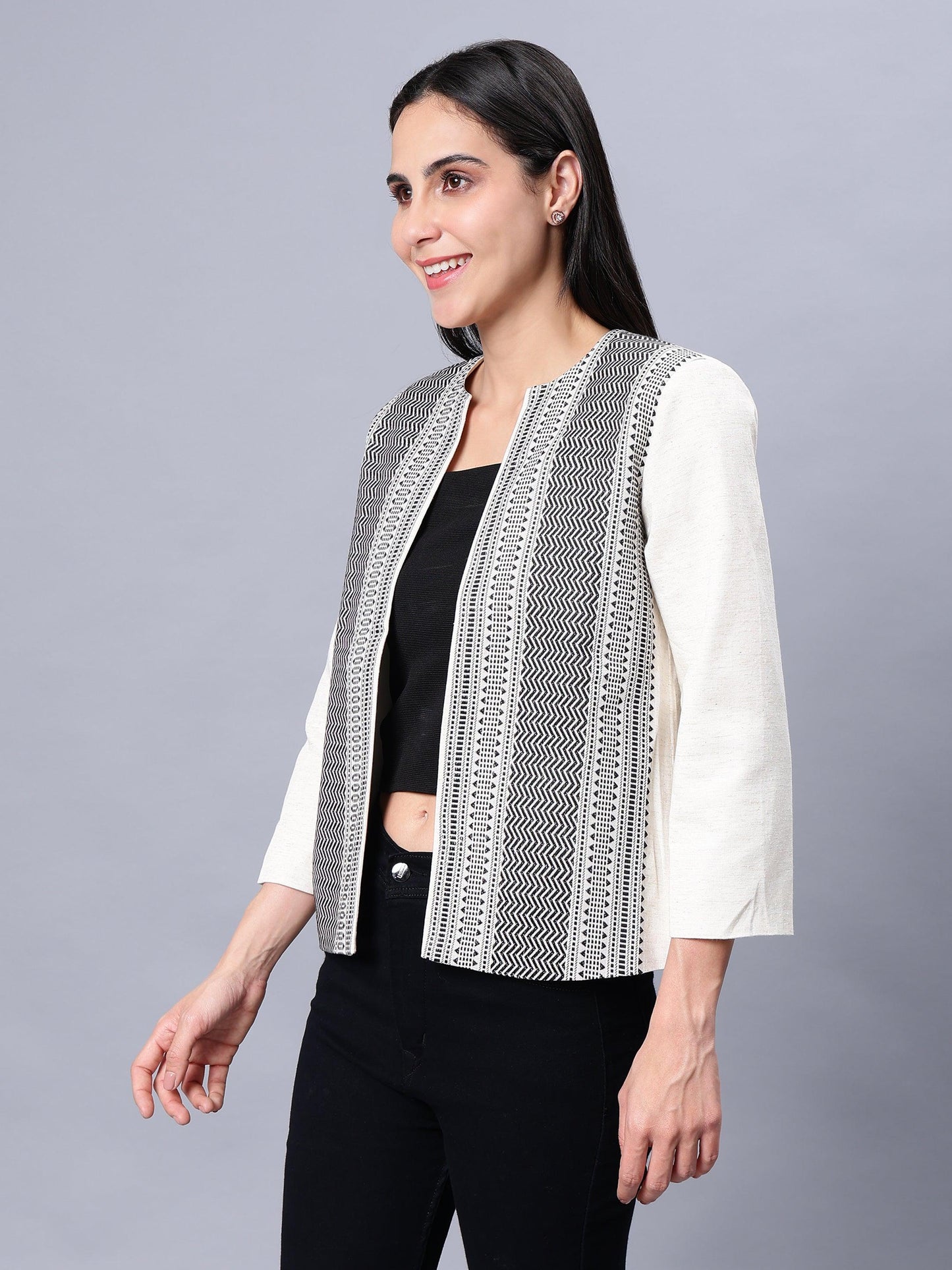 Open Front Blazer-Black & White