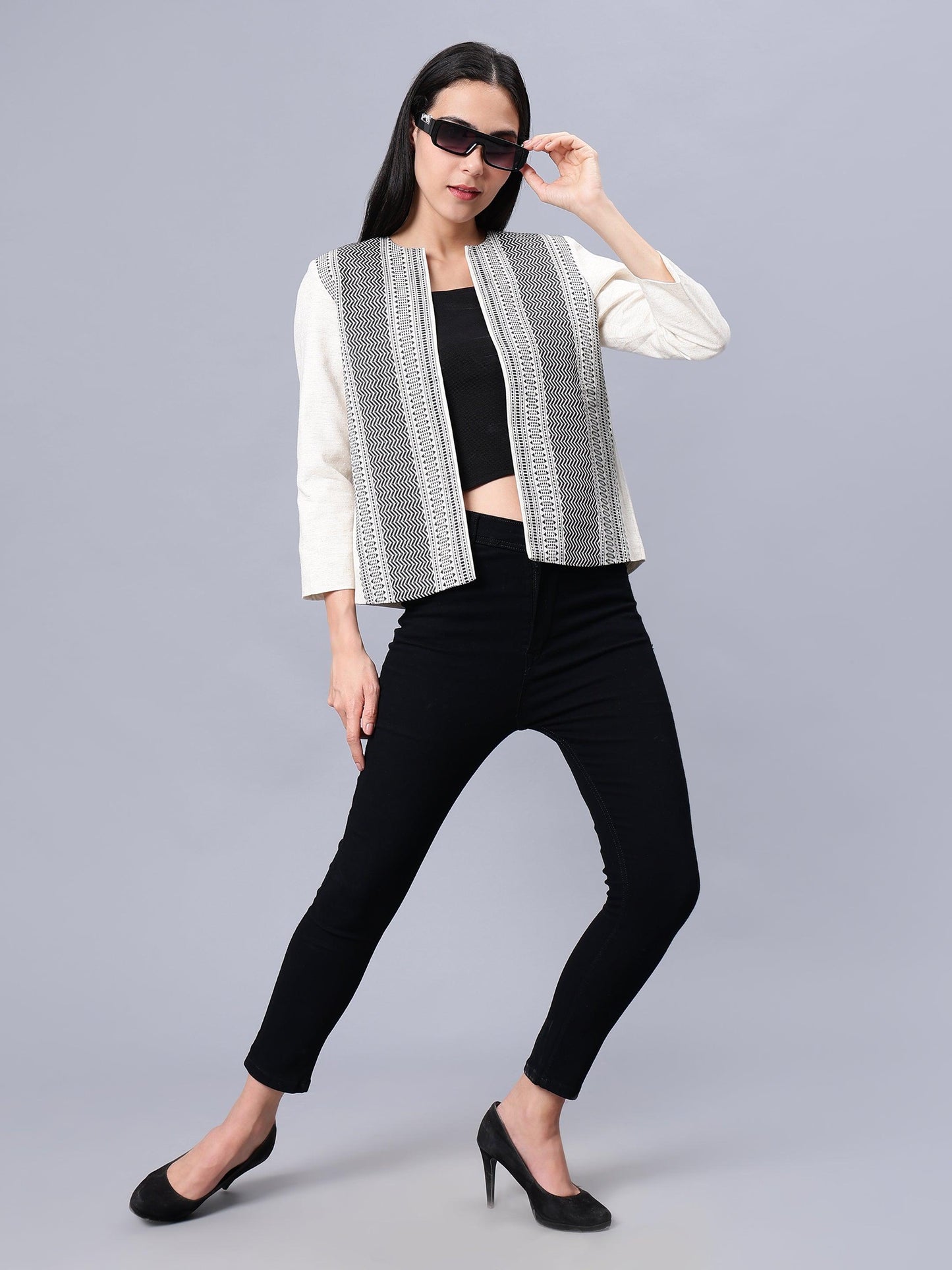 Open Front Blazer-Black & White