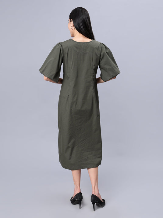 Women's Green Cotton A-Line Midi Dress - Casual Short Sleeves Round Neck Zip Closure