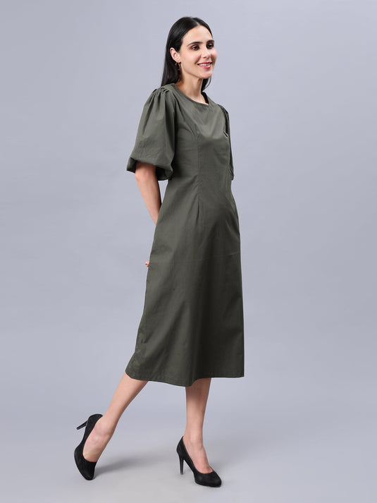 Women's Green Cotton A-Line Midi Dress - Casual Short Sleeves Round Neck Zip Closure