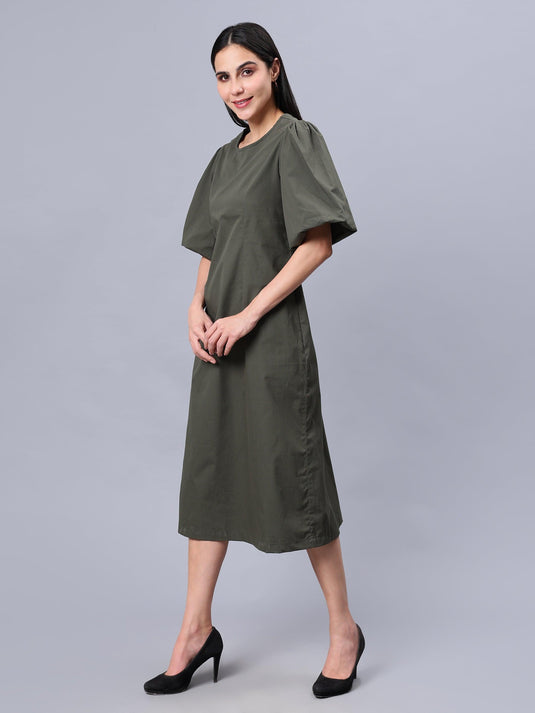 Women's Green Cotton A-Line Midi Dress - Casual Short Sleeves Round Neck Zip Closure