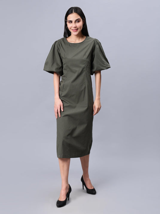 Women's Green Cotton A-Line Midi Dress - Casual Short Sleeves Round Neck Zip Closure