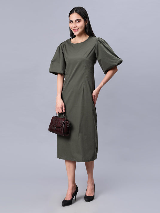 Women's Green Cotton A-Line Midi Dress - Casual Short Sleeves Round Neck Zip Closure