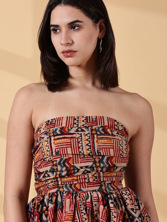 Indyvarna Janya Kalamkari Peplum Top – Rust & Indigo Handblock