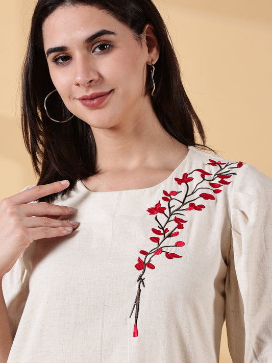 Indyvarna Anvi Cotton Embroidered Kurta- Ivory Bloom