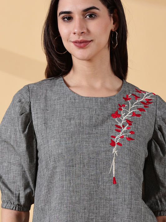 Indyvarna Anvi Cotton Embroidered Kurta – Slate Grey Bloom