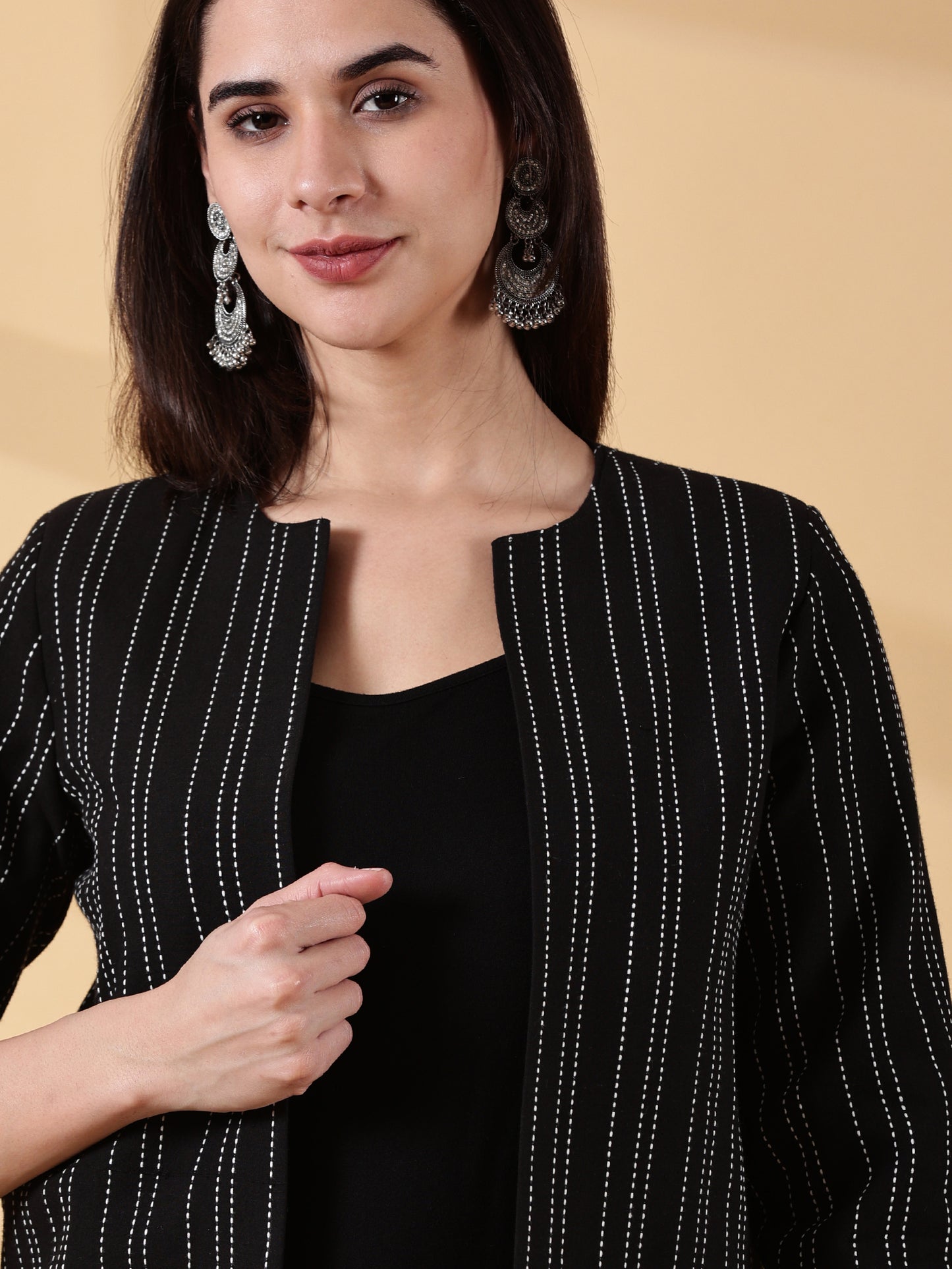 Midnight Classic Black Stripes-Open-Front Blazer-Handwoven Cotton  – Rekha Edit