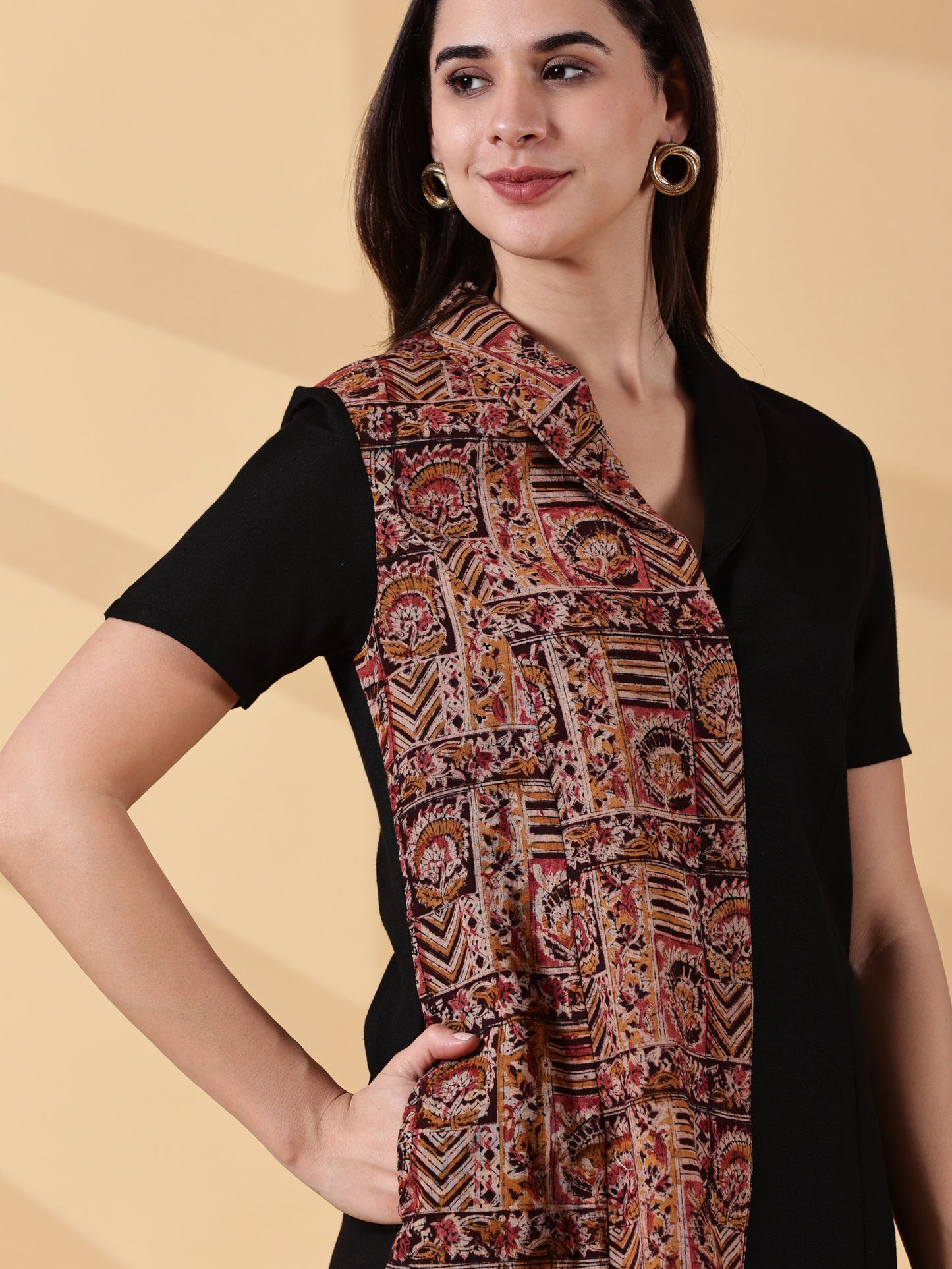 Kaya Half & Half Cotton Work Dress – Kalamkari & Black