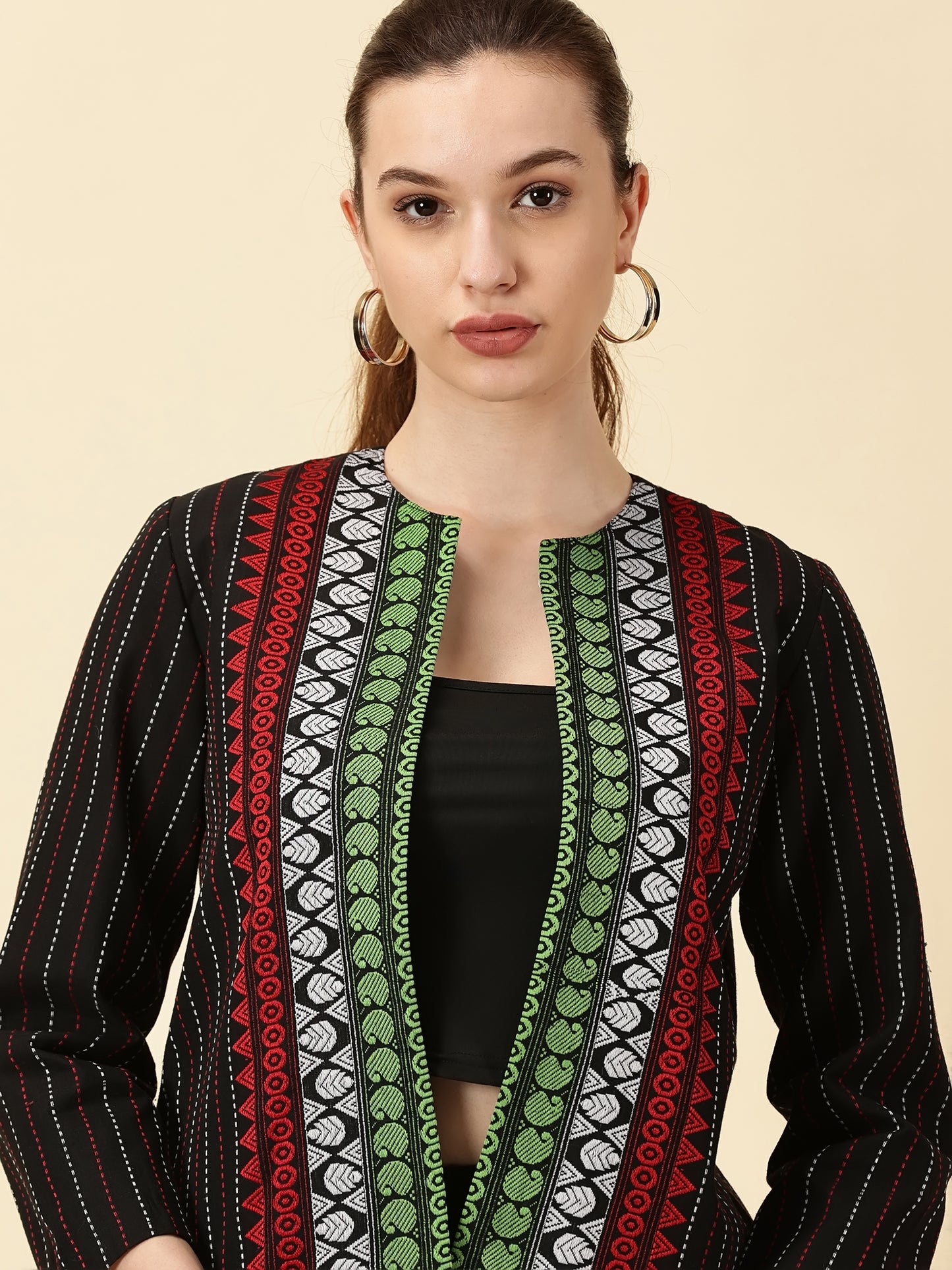 Handwoven Open Front Blazer – Red & Green Border Detail Heritage Weave. Bold Vibes.