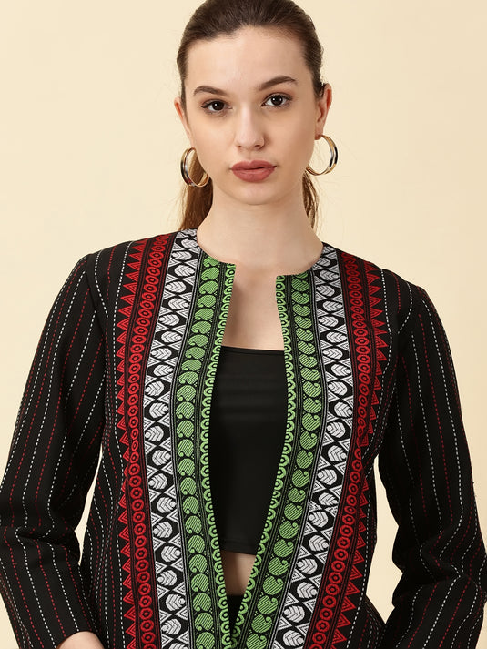 Handwoven Open Front Blazer – Red & Green Border Detail Heritage Weave. Bold Vibes.