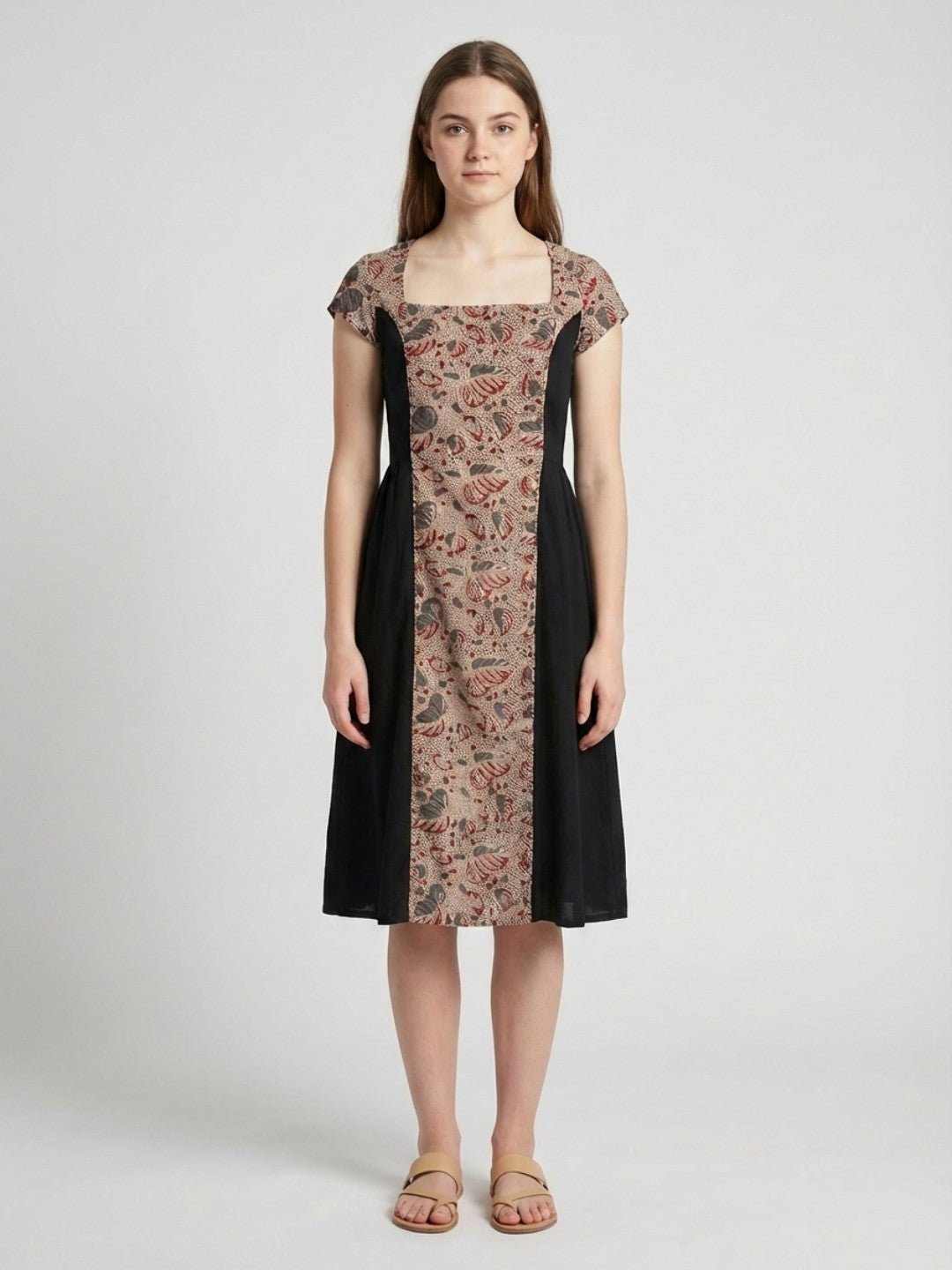 Mano Muse Midi Dress Grey Beige Black kalamkari