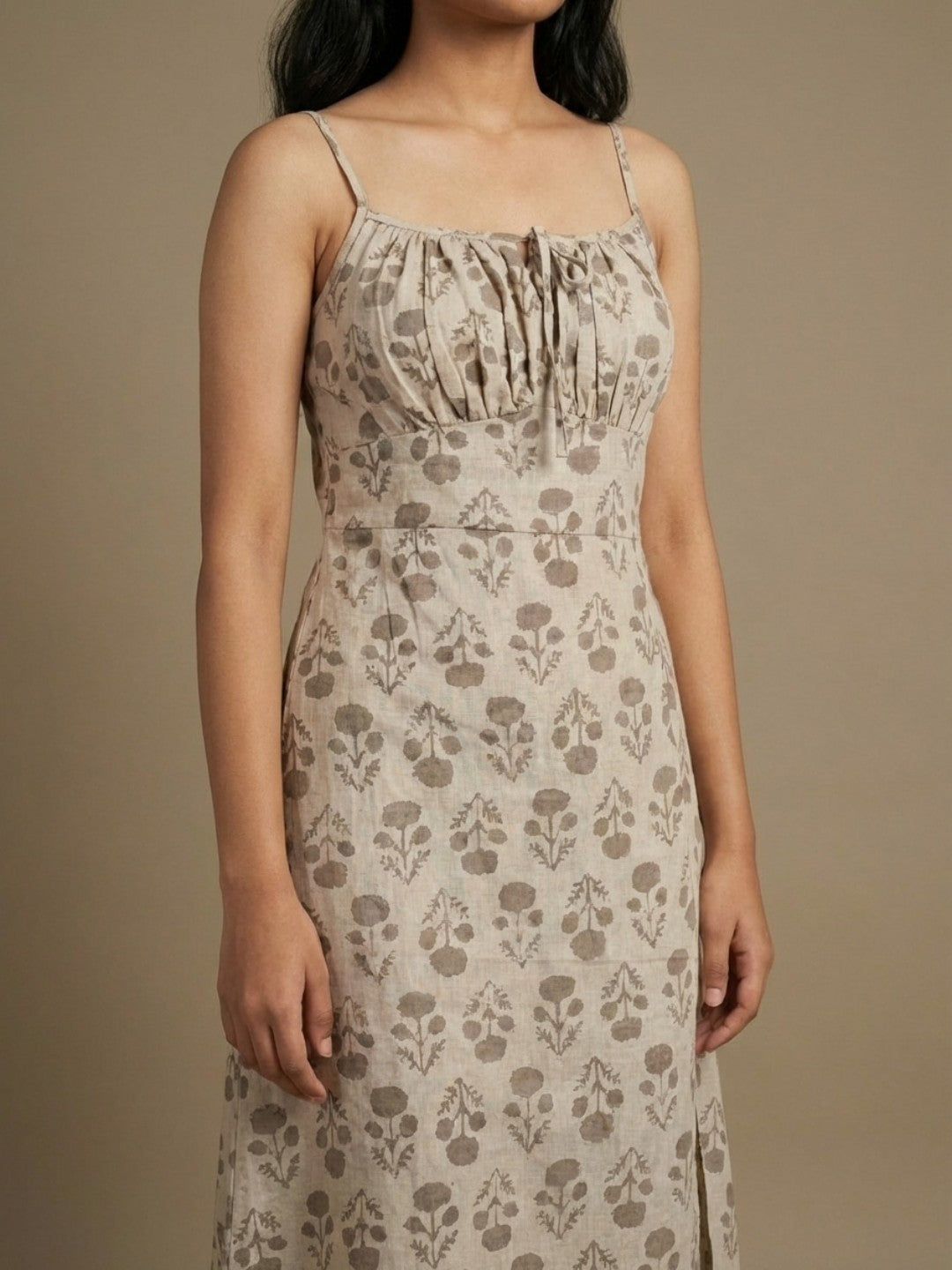 Pure Cotton Organic Block Printed Slip Dress- Earthy Brown