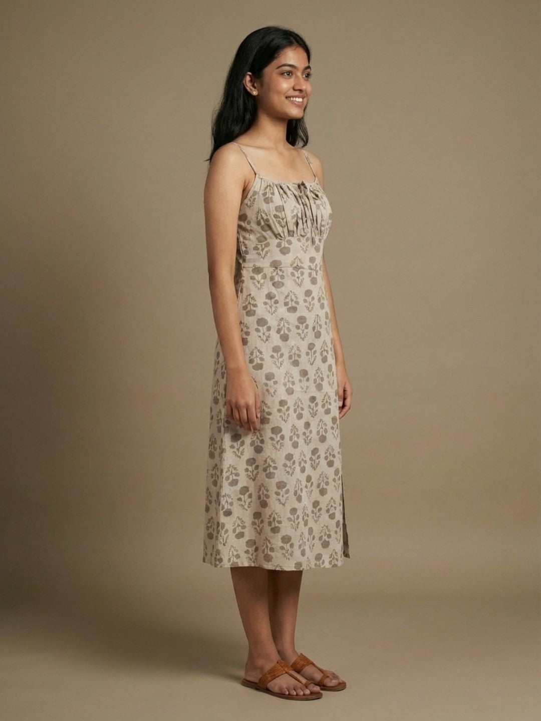 Pure Cotton Organic Block Printed Slip Dress- Earthy Brown