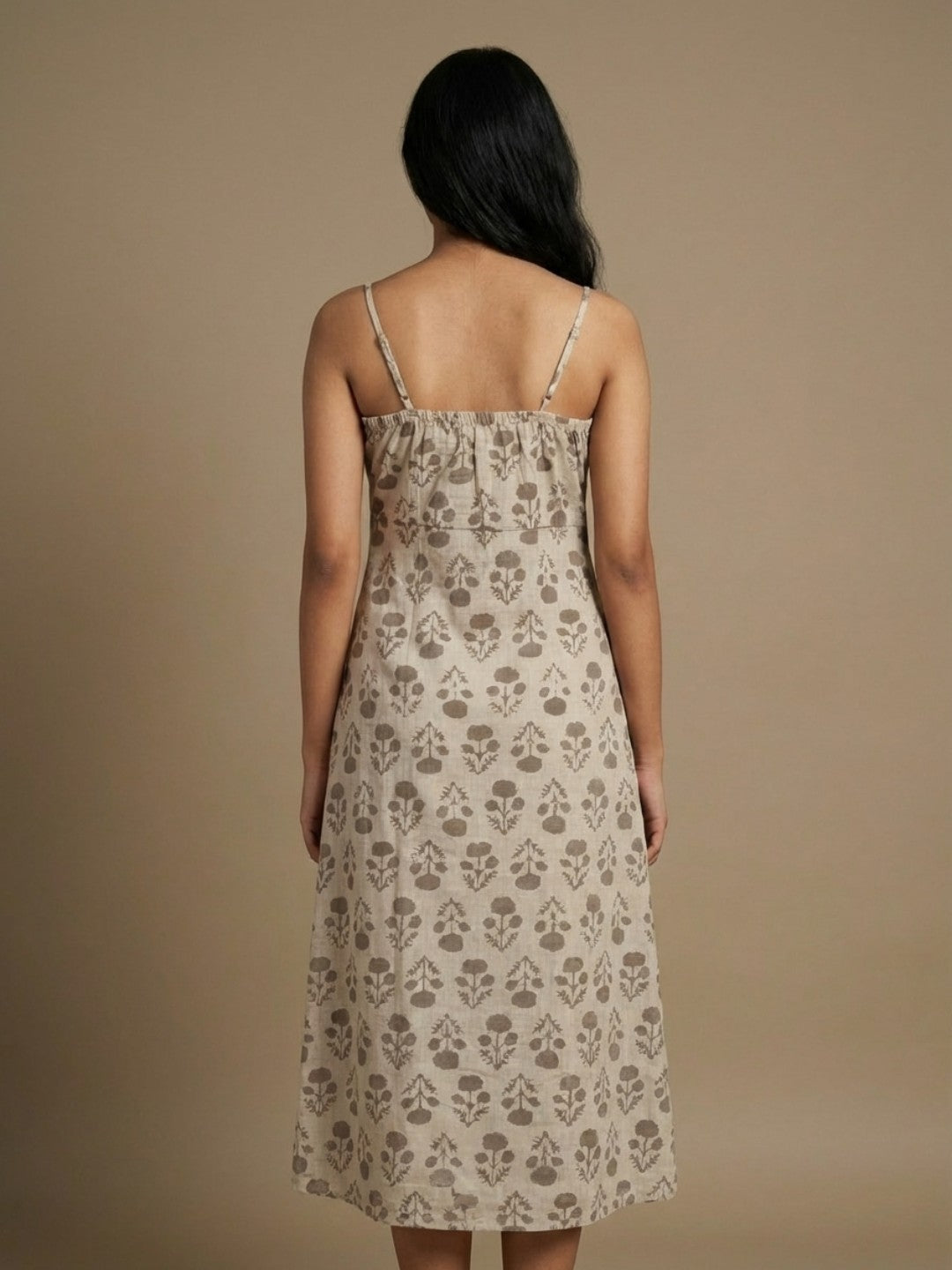 Pure Cotton Organic Block Printed Slip Dress- Earthy Brown