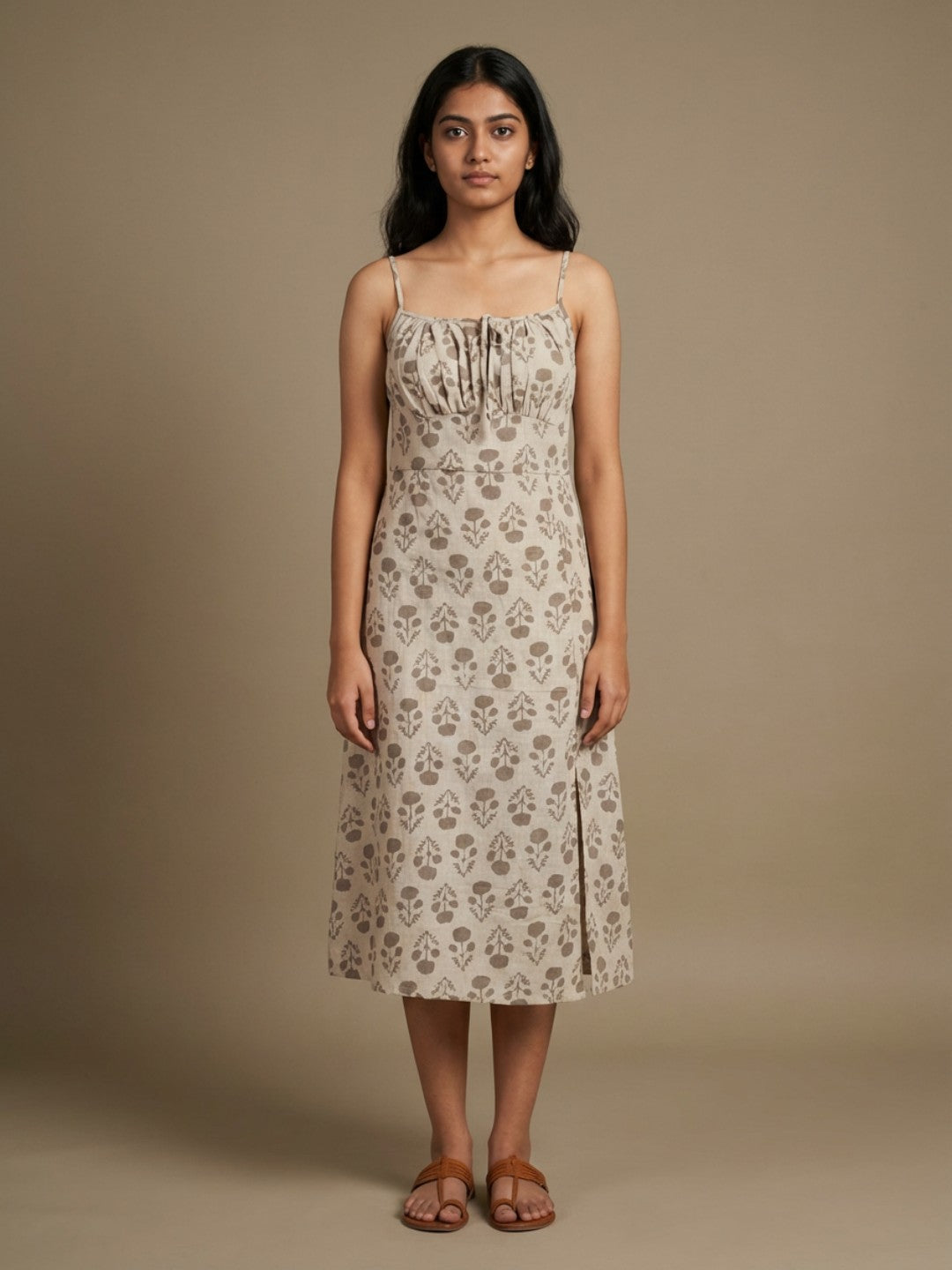 Pure Cotton Organic Block Printed Slip Dress- Earthy Brown