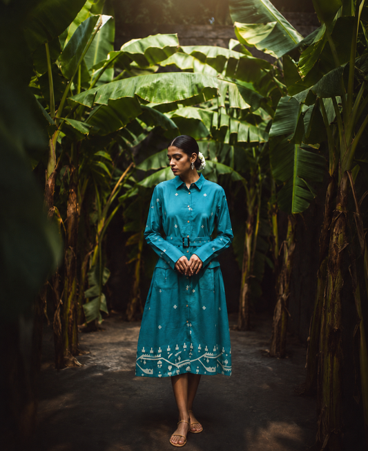 Teal Heritage Belted Shirt Dress