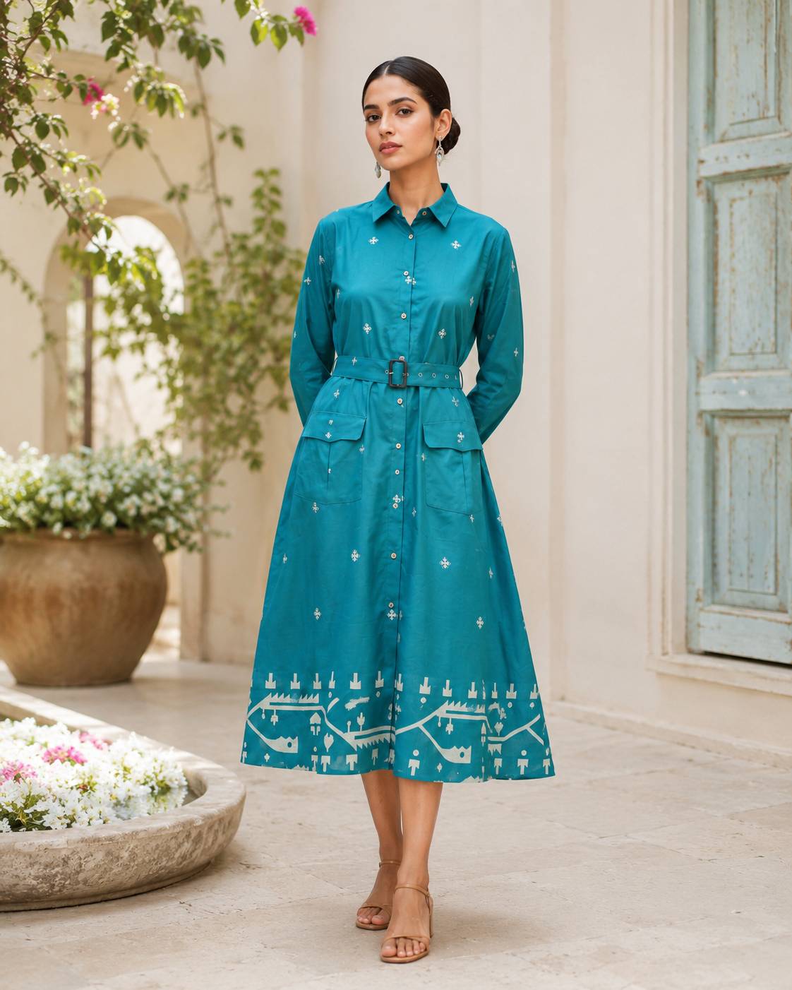 Teal Heritage Belted Shirt Dress