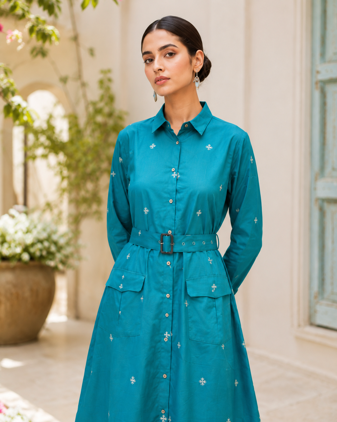 Teal Heritage Belted Shirt Dress