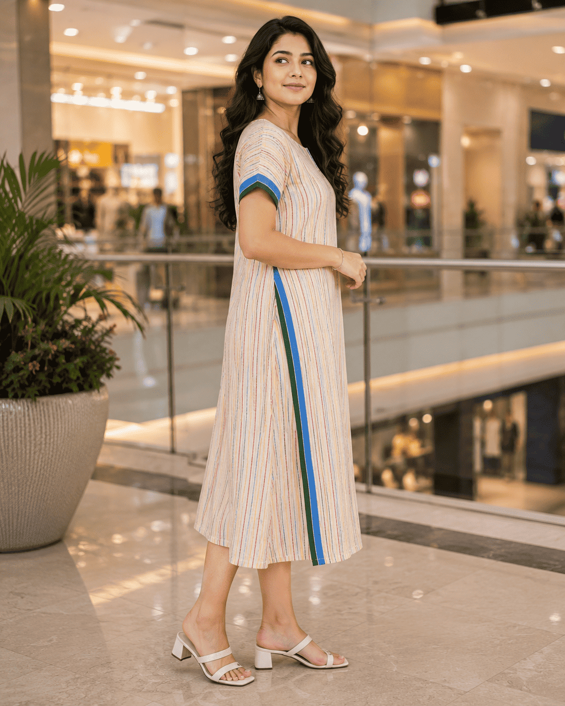 Handloom Cotton Striped Midi Dress for Women – Indyvarna