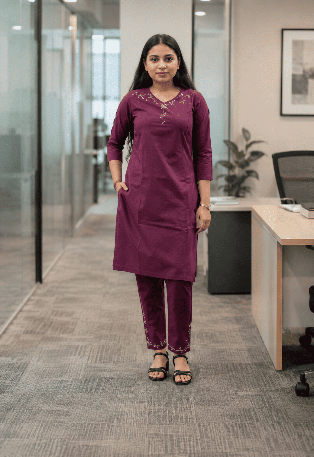 Purple Pure Cotton Embroidered Kurta Set with Pants