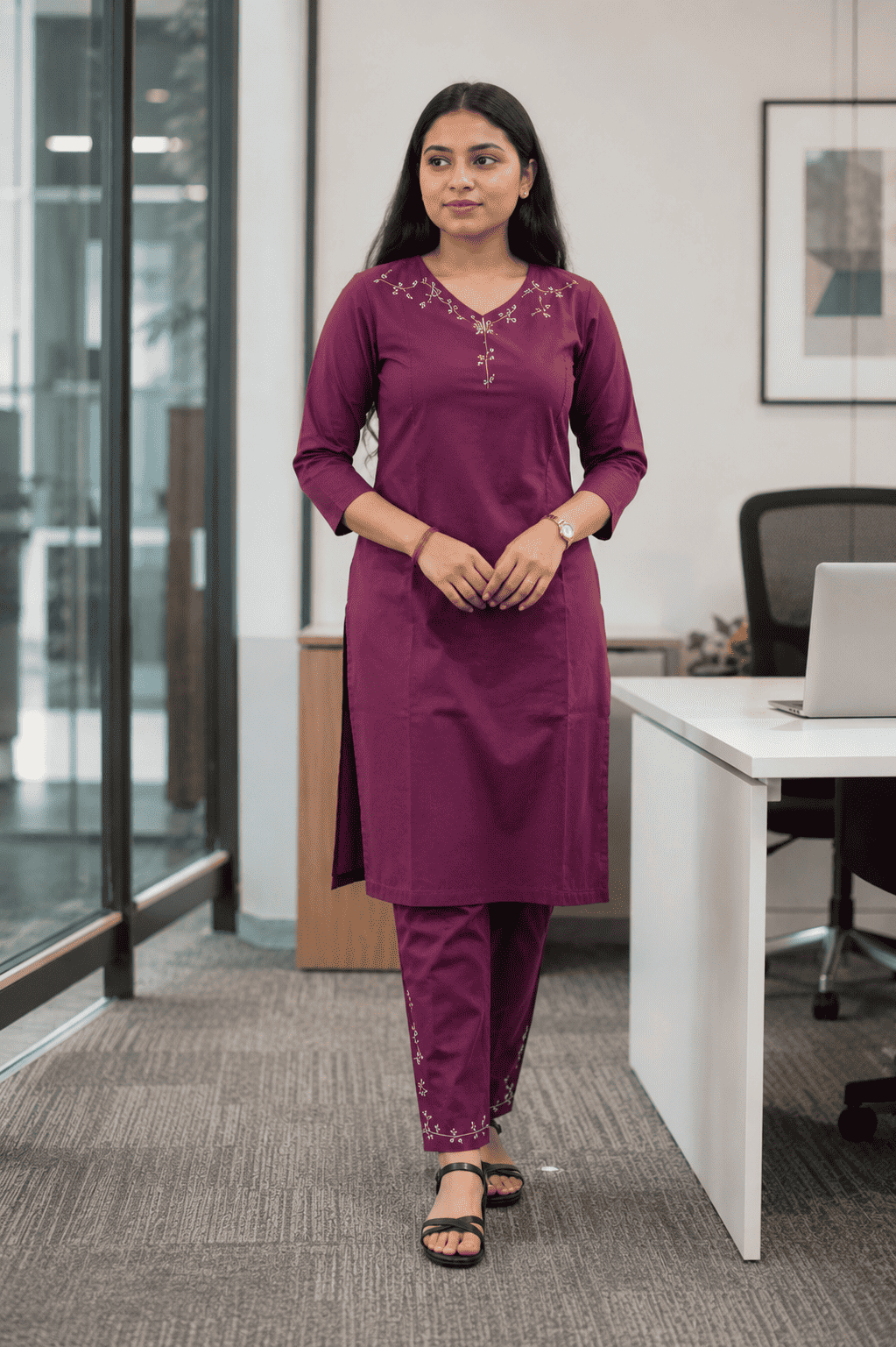 Purple Pure Cotton Embroidered Kurta Set with Pants