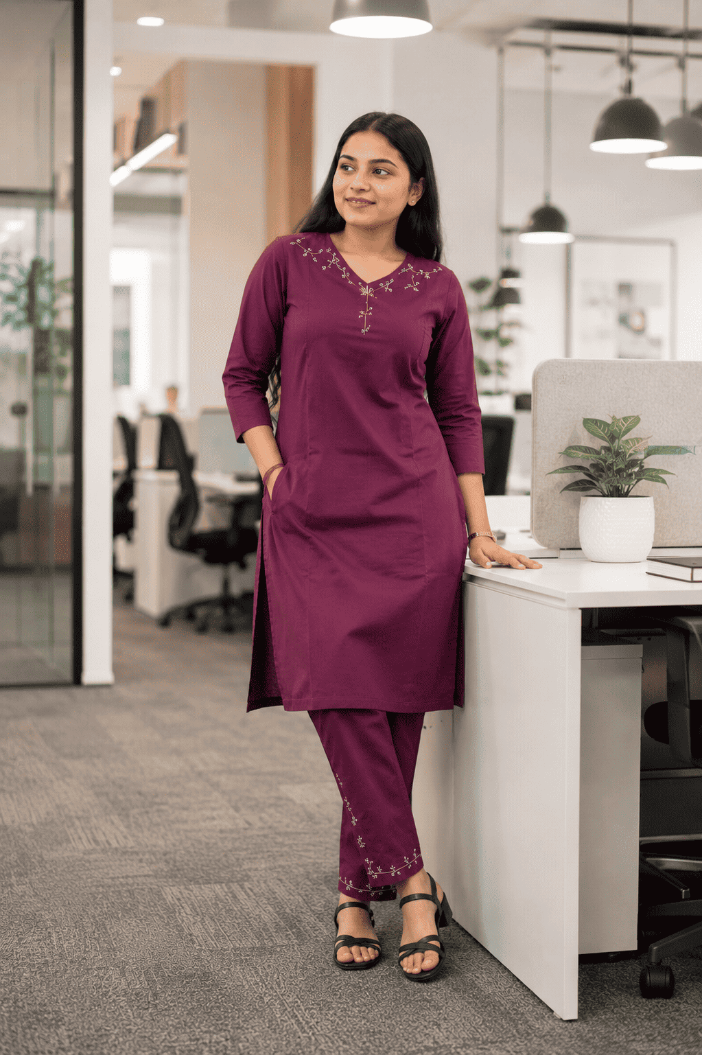 Purple Pure Cotton Embroidered Kurta Set with Pants