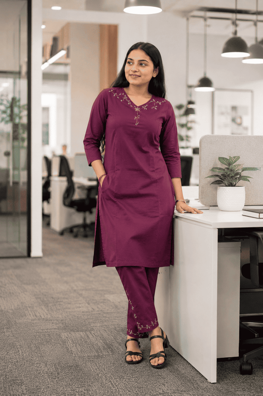 Purple Pure Cotton Embroidered Kurta Set with Pants