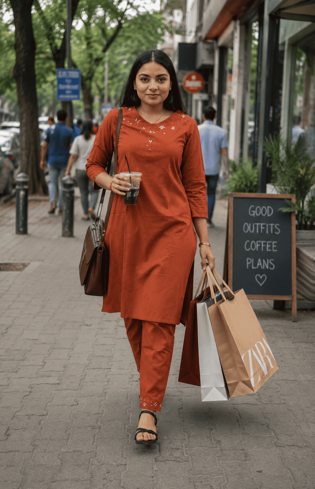 Rust Pure Cotton Embroidered Kurta Set with Pants