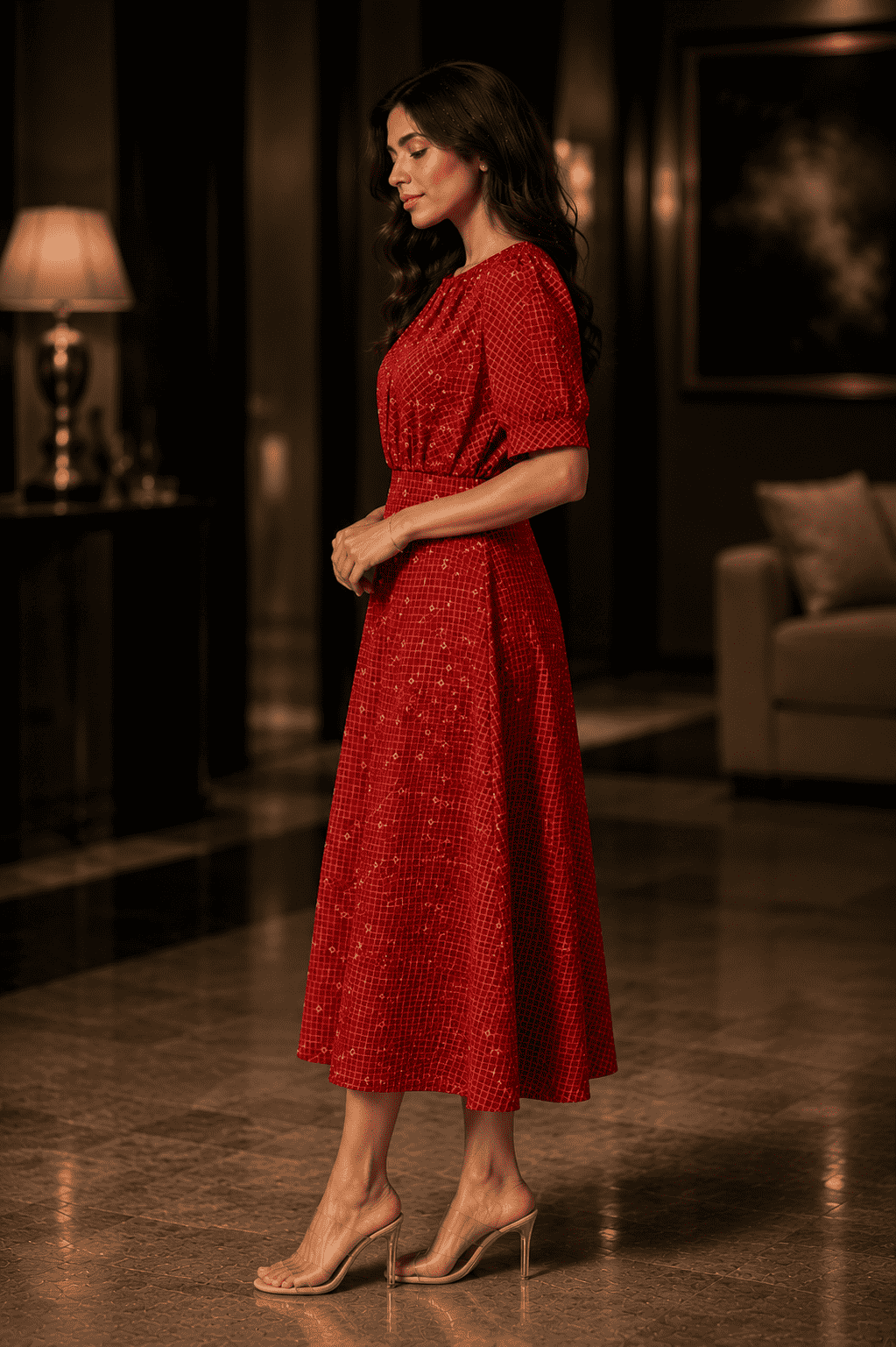 Red Handwoven Cotton Midi Dress