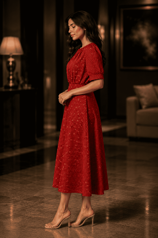 Red Handwoven Cotton Midi Dress
