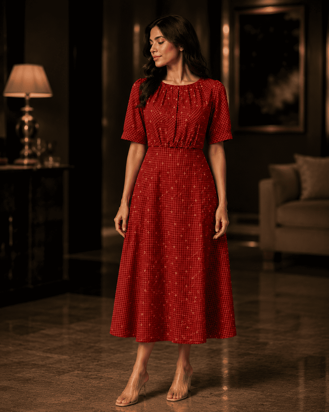 Red Handwoven Cotton Midi Dress