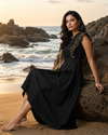 Black Embroidered A-Line Midi Dress