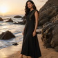 Black Embroidered A-Line Midi Dress