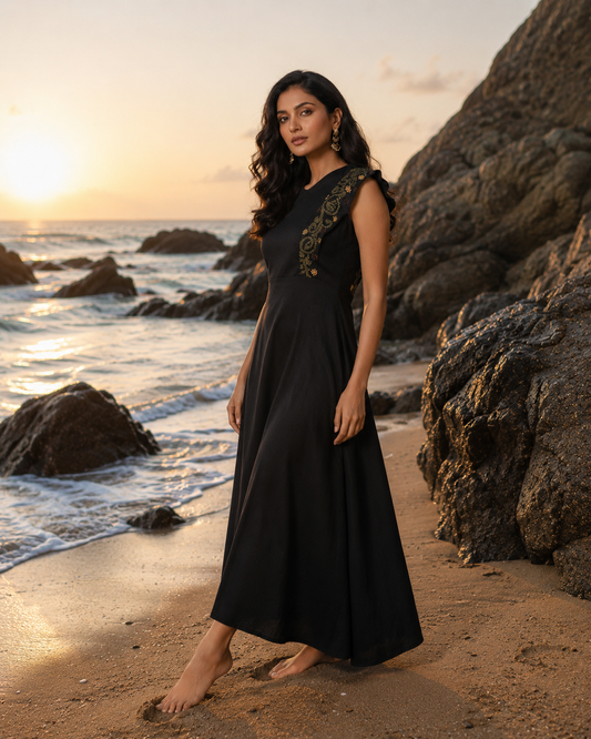 Black Embroidered A-Line Midi Dress