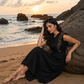 Black Embroidered A-Line Midi Dress