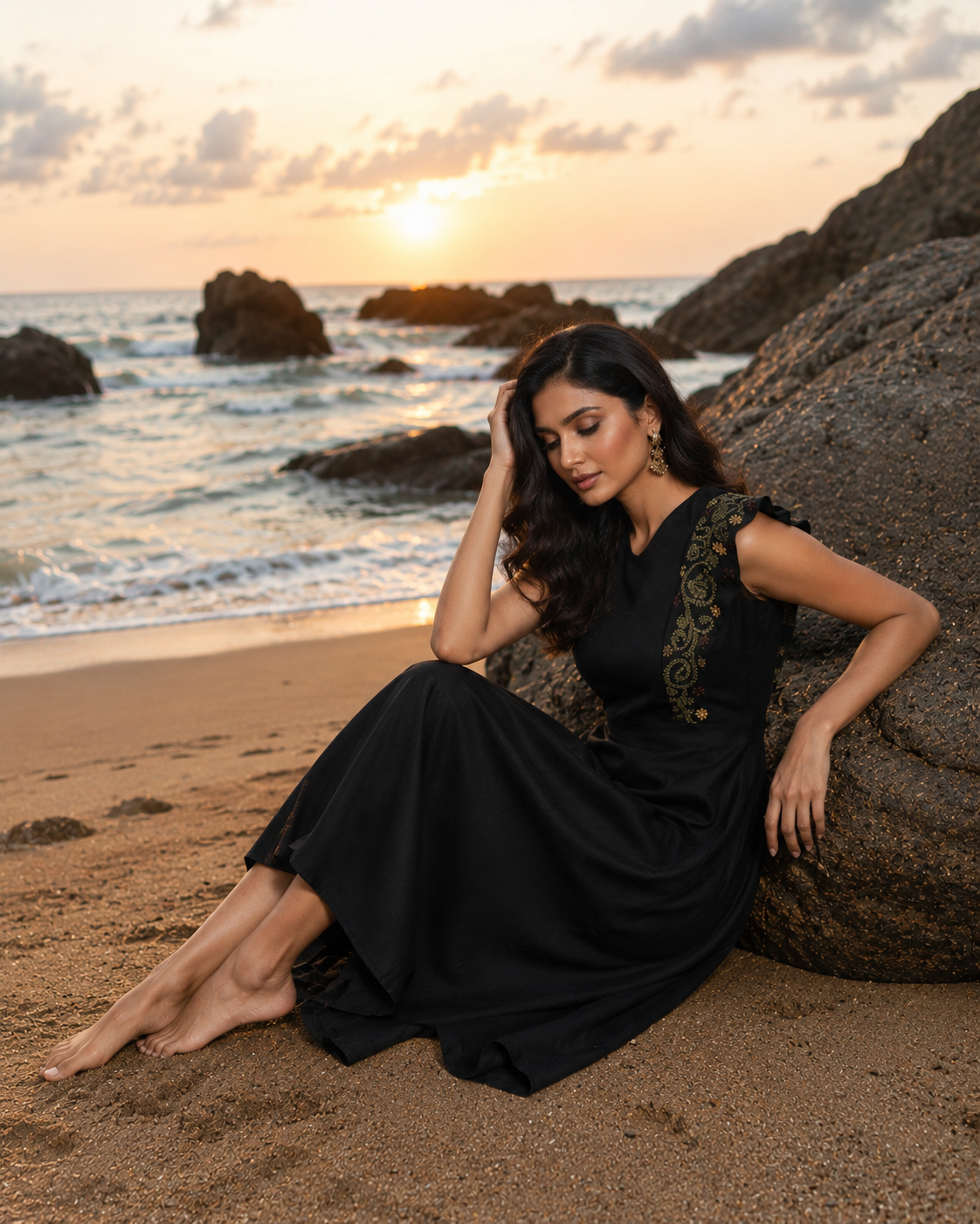 Black Embroidered A-Line Midi Dress
