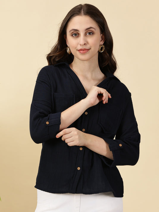 Navy Blue Double Layered Trendy Cotton Top