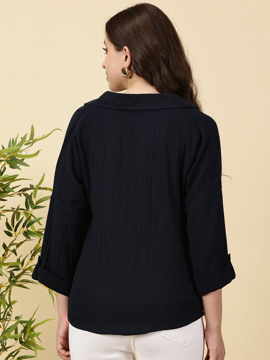 Navy Blue Double Layered Trendy Cotton Top