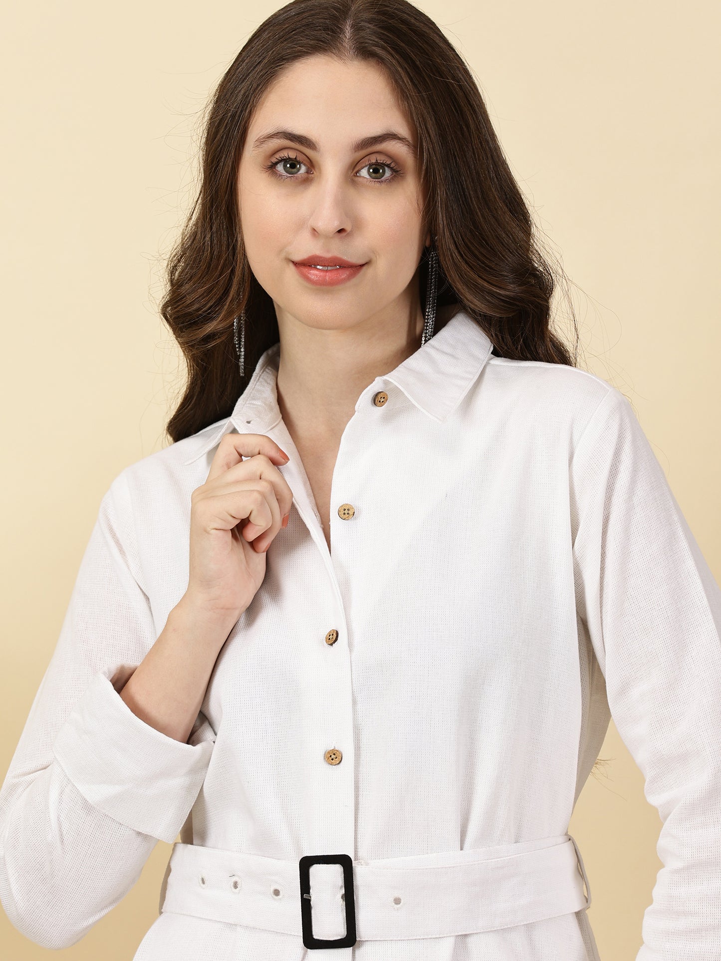 Button down Linen Shirt Dress-White