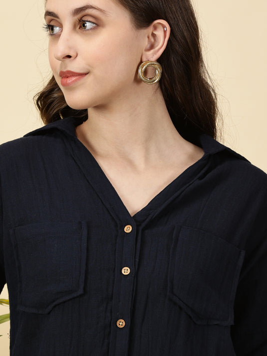 Navy Blue Double Layered Trendy Cotton Top