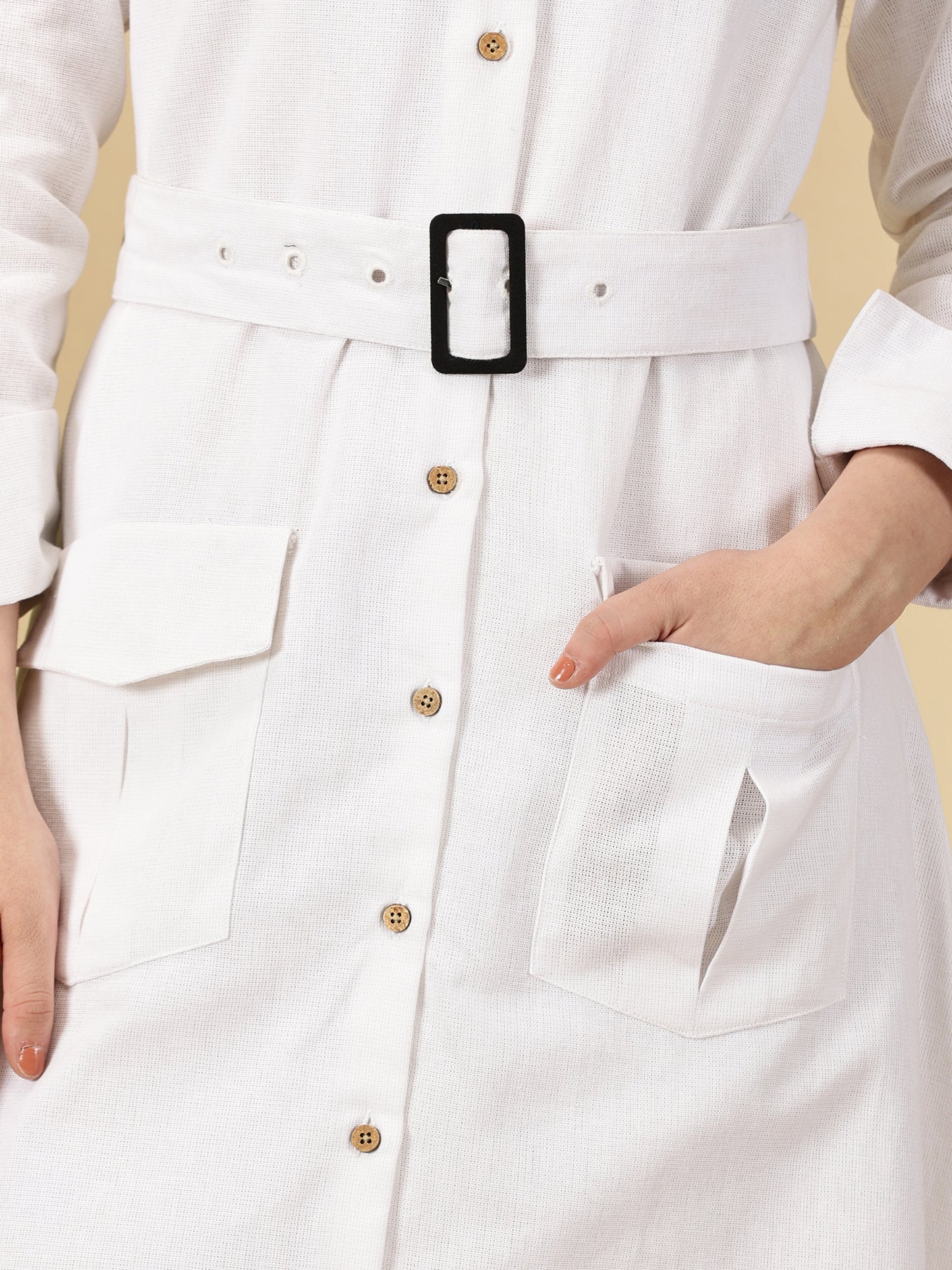 Button down Linen Shirt Dress-White