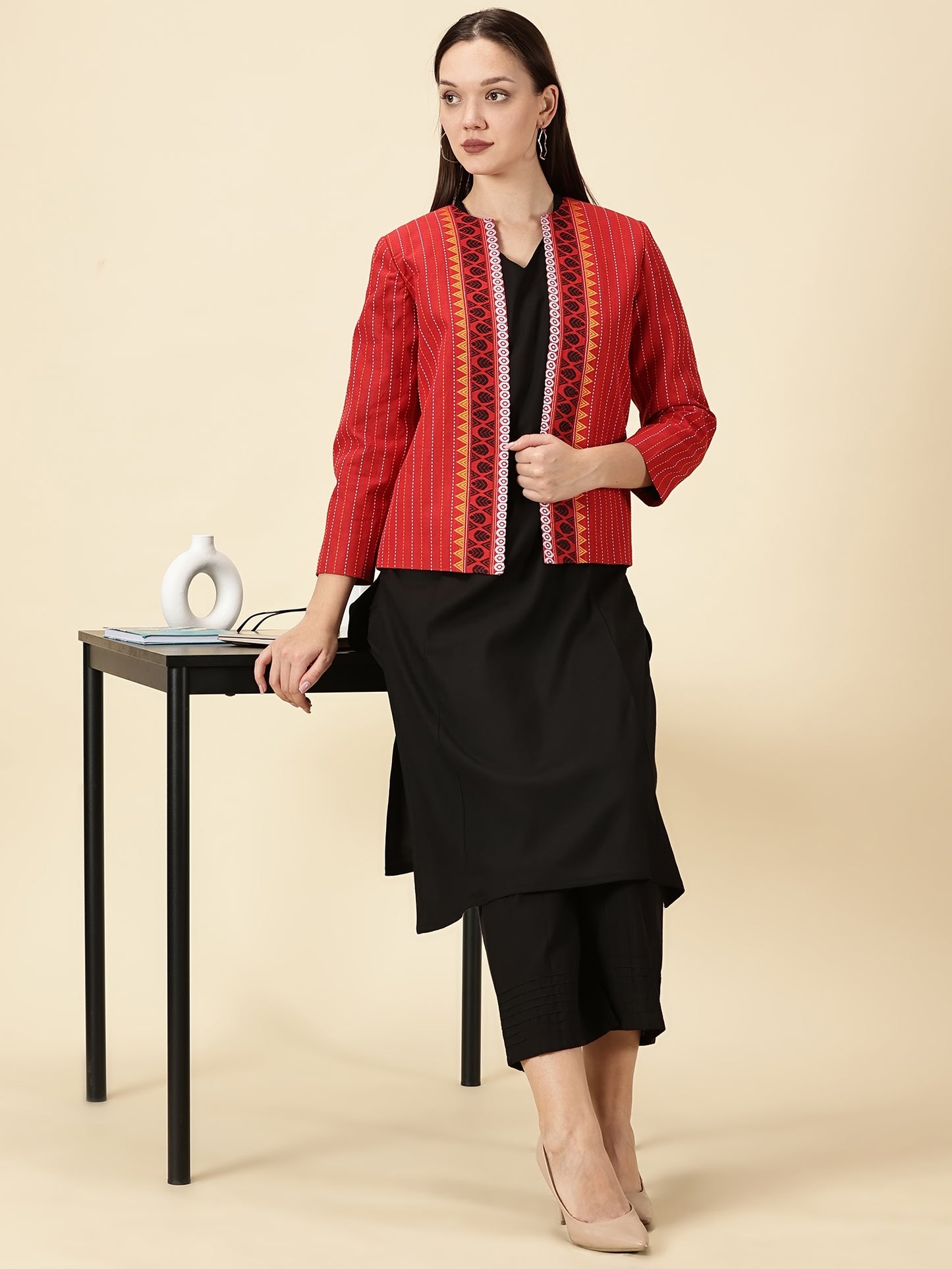 Open-Front Blazer-Red Handwoven South Cotton