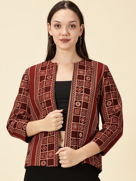 Open Front Blazer-Red Handblock Ajrak