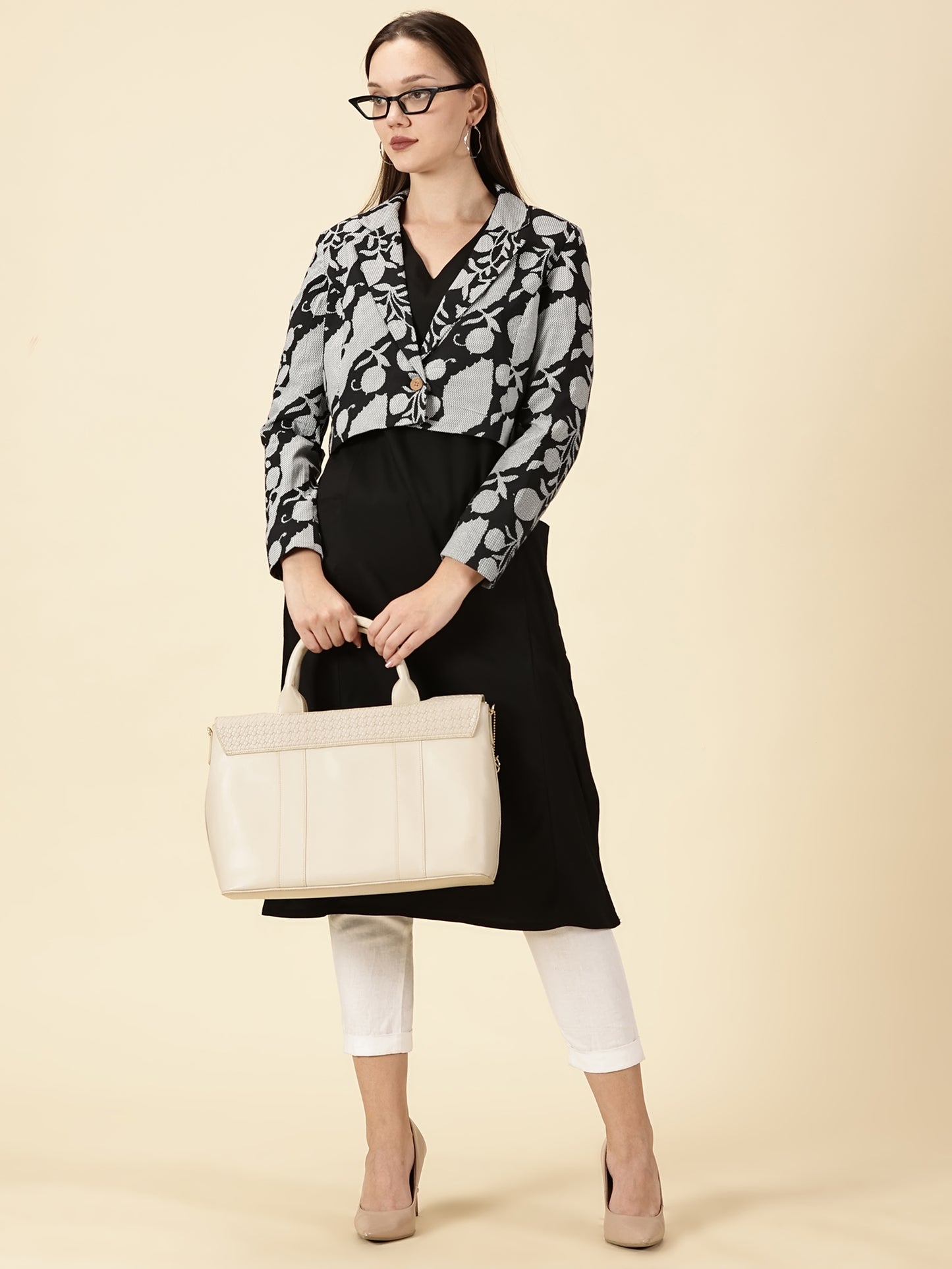 Crop Blazer-Black with White