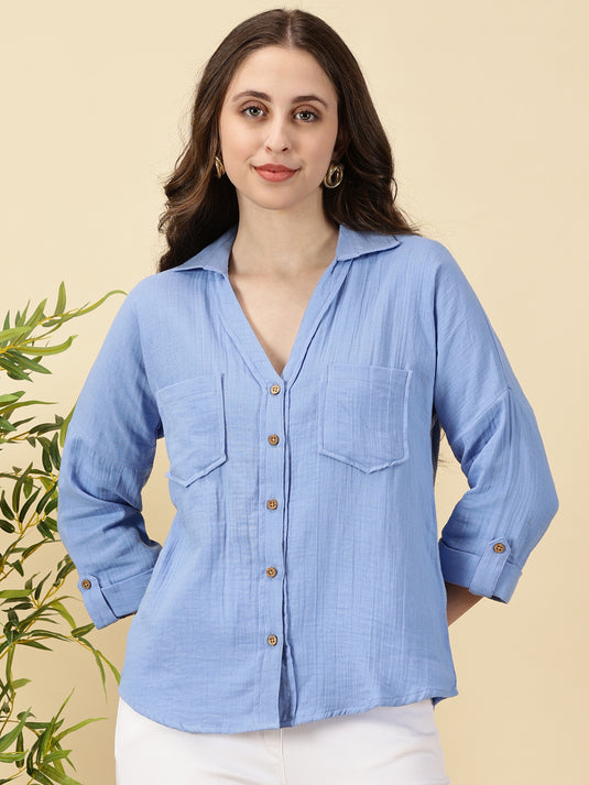 Sky Blue Double Layered Trendy Cotton Top