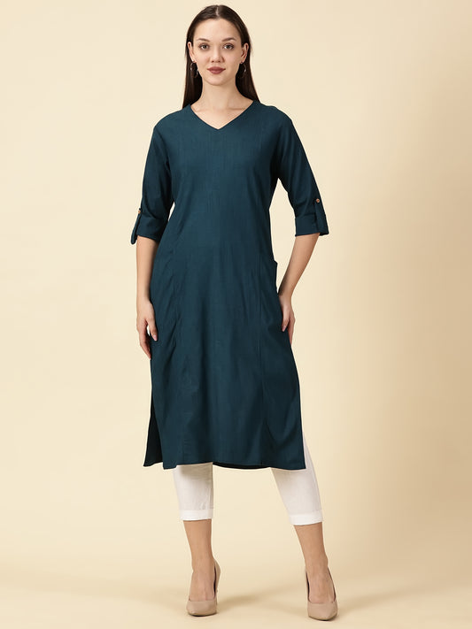 Cotton Lycra Workwear Kurta-Teal Blue